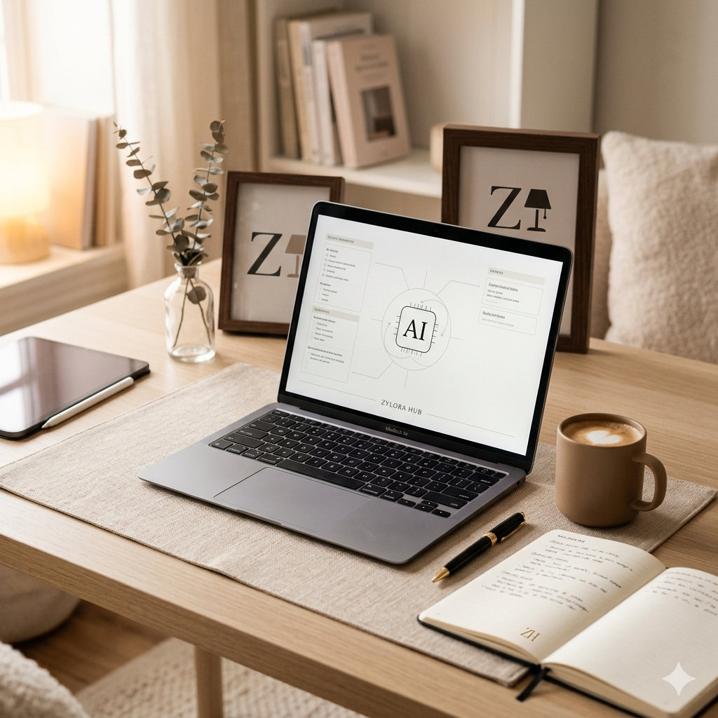 A student using AI-generated quiz questions from notes on a laptop, with an exam timer, sticky notes, and study materials beside them.